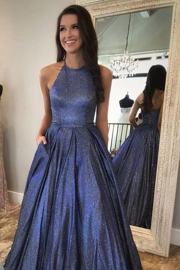 Shiny Navy Blue A-line Halter Neck Cute Prom Dresses, Long Formal Dress, SP872 | cheap long prom dress | blue prom dresses | sparkly prom dresses | simidress.com