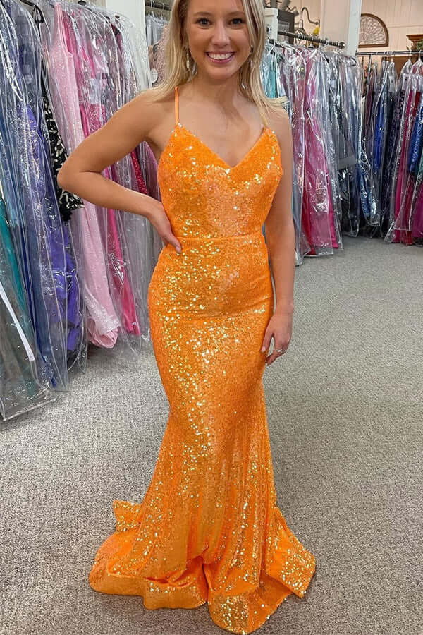 Shiny Orange Sequins Mermaid V-neck Prom dresses, Long Formal Dress, SP951 | sparkly prom dress | evening gown | party dress | simidress.com
