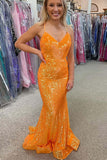 Shiny Orange Sequins Mermaid V-neck Prom dresses, Long Formal Dress, SP951