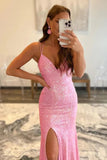 Shiny Pink Sequins Mermaid Spaghetti Straps Prom Dresses With Slit, SP964 | v neck prom dress | pink prom dress | long formal dresses | simidress.com