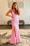 Shiny Pink Sequins Mermaid Spaghetti Straps Prom Dresses With Slit, SP964