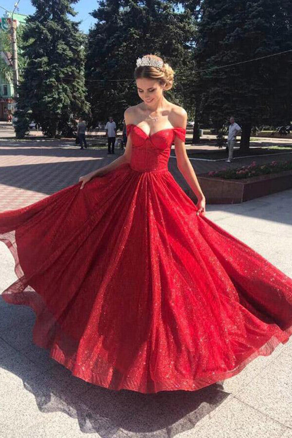 shiny red dress Shiny Red A-Line Off-the-Shoulder Long Prom Dresses SP754