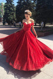 Shiny Red A-Line Off-the-Shoulder Long Prom Dresses, Evening Dresses, SP754