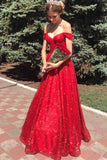 Shiny Red A-Line Off-the-Shoulder Long Prom Dresses, Evening Dresses, SP754 | tulle prom dresses | cheap long prom dress | evening gown | www.simidress.com