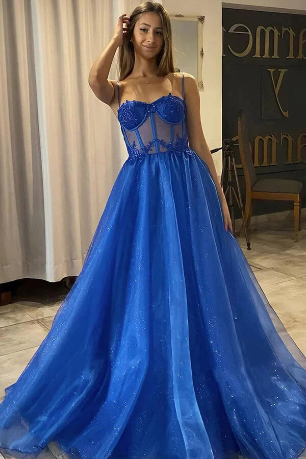 Shiny Royal Blue Tulle A-line Sweetheart Neck Prom Dresses, Party Dress, SP939 | cheap long prom dresses | simple prom dresses | evening dresses | simidress.com