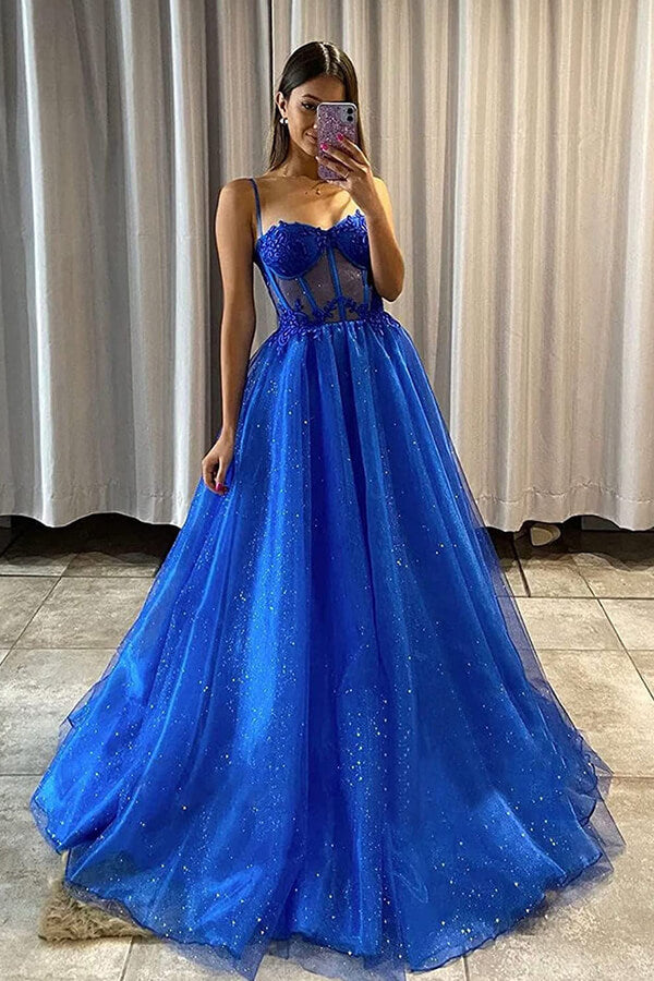 Shiny Royal Blue Tulle A-line Sweetheart Neck Prom Dresses, Party Dress, SP939 | blue prom dresses | lace prom dress | evening dresses | simidress.com