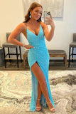 Shiny Sequins Sheath Spaghetti Straps V-neck Prom Dresses With Slit, SP862 | sheath prom dresses | shiny prom dresses | evening dresses | simidress.com