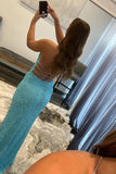 Shiny Sequins Sheath Spaghetti Straps V-neck Prom Dresses With Slit, SP862 | blue prom dresses | long formal dresses | evening gown | simidress.com