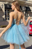 Shiny Sky Blue Tulle Sequins Homecoming Dresses, Short Prom Dresses, SH614 | cheap homecoming dresses | school event dresses | graduation dresses | simidress.com