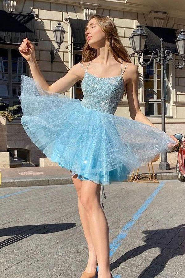 Shiny Sky Blue Tulle Sequins Homecoming Dresses, Short Prom Dresses, SH614 | blue homecoming dresses | a line homecoming dresses | sparkly homecoming dresses | simidress.com