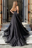 Shiny Tulle Black A-line V-neck Long Prom Dress With Slit, Evening Dresses, SP868 | sparkly prom dresses | tulle prom dresses | long formal dresses | simidress.com