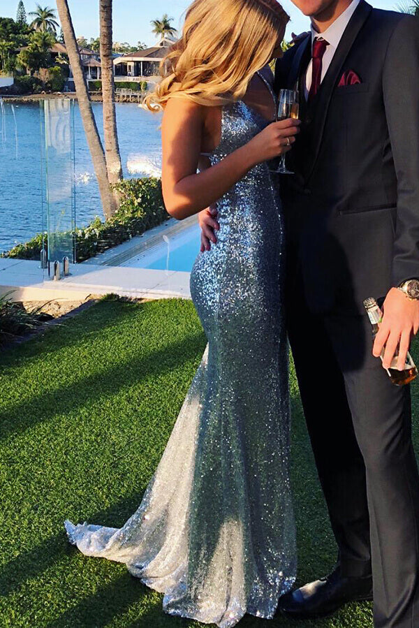 Silver Sparkly Sequins Mermaid V-neck Spaghetti Straps Prom Dress Party Dresses, SP499 | long prom dresses | sparkly prom dresses | evening dress | www.simidress.com