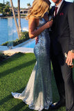 Silver Sparkly Sequins Mermaid V-neck Spaghetti Straps Prom Dress Party Dresses, SP499 | long prom dresses | sparkly prom dresses | evening dress | www.simidress.com