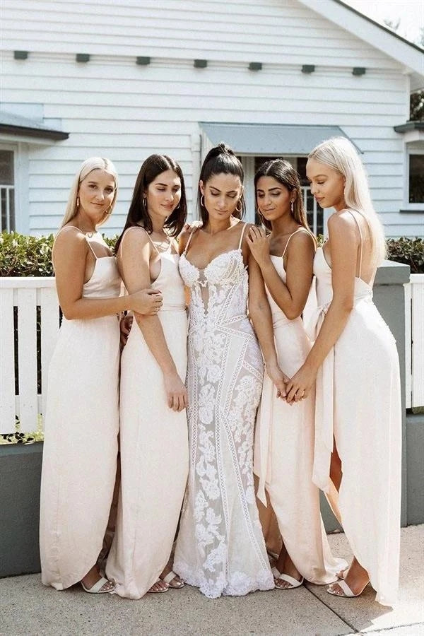 Blush Pink A-line Chiffon Spaghetti Straps Bridesmaid Dresses with Bow Simidress Blush Pink A-line Chiffon Spaghetti Straps Bridesmaid Dresses with Bow Simidress