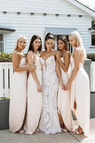 Blush Pink A-line Chiffon Spaghetti Straps Bridesmaid Dresses with Bow, BD097