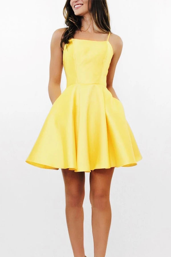 Simple Yellow A-line Cross Back Short Homecoming Dress With Pockets, S – Simidress