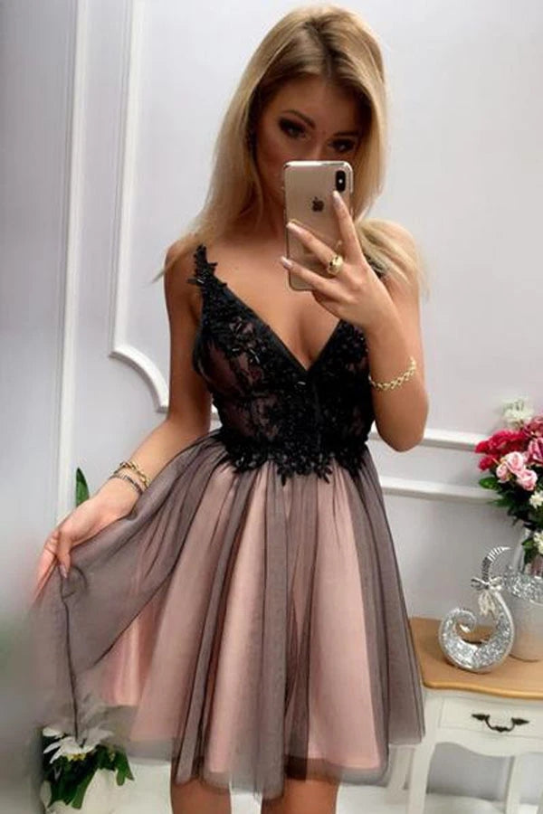 Black Lace Deep V-neck Short Homecoming Dresses, Graduation Dress, SH5   Simidress