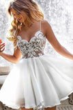 White Chiffon A-line Spaghetti Straps Homecoming Dress With Appliques, SH534