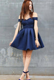 Royal Blue Satin A-line Off-the-Shoulder Sleeveless Homecoming Dresses, SH544
