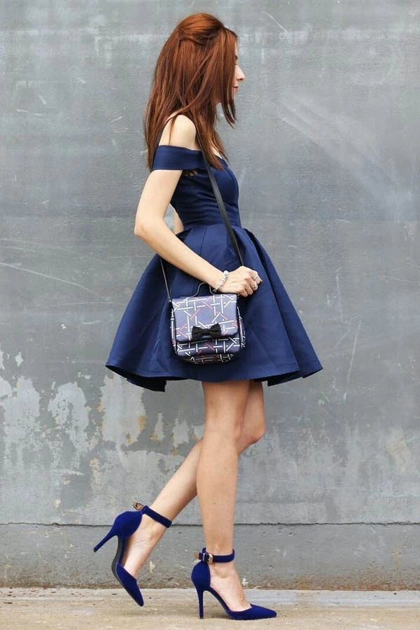 navy blue dress and black heels LBD: Little Blue Dress for Summer Weddings bows & sequins