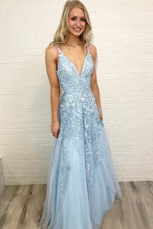 Sky Blue Tulle A Line Lace Sleeveless Floor Length V Neck Prom Dress, SP401 | prom dresses | evening dresses | formal dresses | prom gowns | long prom dresses | party dresses | evening dresses | Simidress