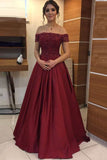Fashion Satin Beaded Off Shoulder Appliqued Long Prom Dresses, Formal Dress, SP490