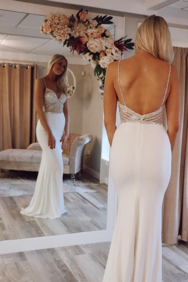 Gorgeous Ivory Beaded Mermaid V-neck Spaghetti Straps Long Prom Dresses, SP508 | Simidress | Mermaid prom dresses | party dresses | evening dresses | formal dresses | long prom dresses | cheap prom dresses on line | prom dresses for teens | ivory prom dress