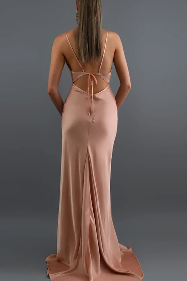 Find Simple Blush Mermaid Open Back V Neck Spaghetti Straps Long Prom Dresses, SP579 at www.simidress.com