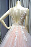 New Arrival Pink Tulle Lace Appliques V Neck Long Prom Dresses, Evening Dress, SP586 | long prom dresses | cheap prom dresses | pink prom dresses | lace prom dresses | evening dress | formal dresses | www.simidress.com
