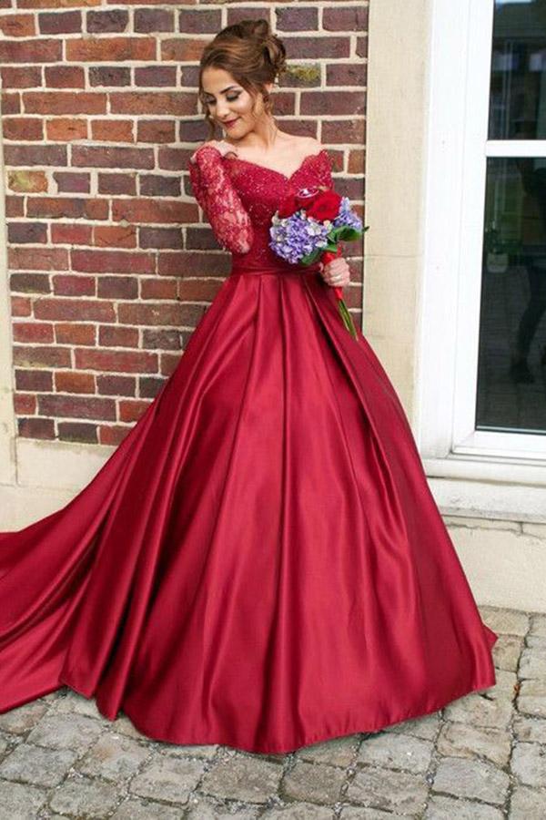 burgundy dress with train Burgundy Satin Off-The-Shouler Long Sleeves Prom Dress With Train, SP6 –  Simidress