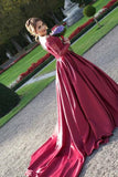 Find Burgundy Satin Off-The-Shouler Long Sleeves Prom Dress With Train, SP642 at www.simidress.com