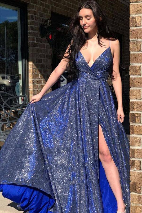 Sparkly A-line V-neck Spaghetti Straps Long Prom Dresses With Slit, SP661 | navy blue prom dresses | sparkly prom dresses | prom dresses | evening dresses | formal dresses | Simidress.com