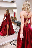 A-line V-neck Spaghetti Straps Prom Dresses, Evening Dresses With Slit, SP682 | burgundy prom dresses | evening gowns | simple prom dresses | long prom dresses | party dresses | www.simidress.com