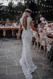 Ivory Lace Boho Mermaid Backless Cap Sleeves Bohemian Wedding Dresses, SW354