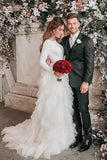 White A-line Tulle Bateau Long Sleeves Court Train Wedding Dresses, SW366