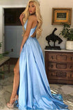 Buy Simple Light Blue Satin A-line  Open Back V-neck Long Prom Dresses With Split, SP597 from www.simidress.com
