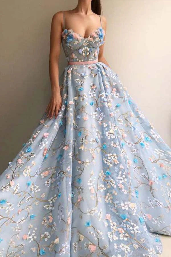 Elegant Sky Blue Spaghetti Straps Long Prom Dresses with Flower Appliques, SP600