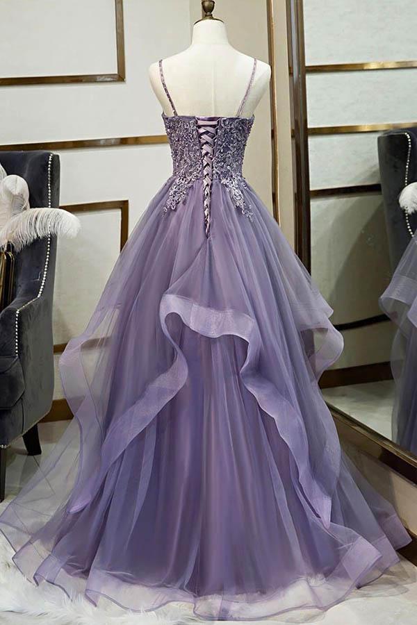 Find Purple Tulle A-line V-neck Spaghetti Straps Prom Dress With Lace Appliques, SP618 at www.simidress.com
