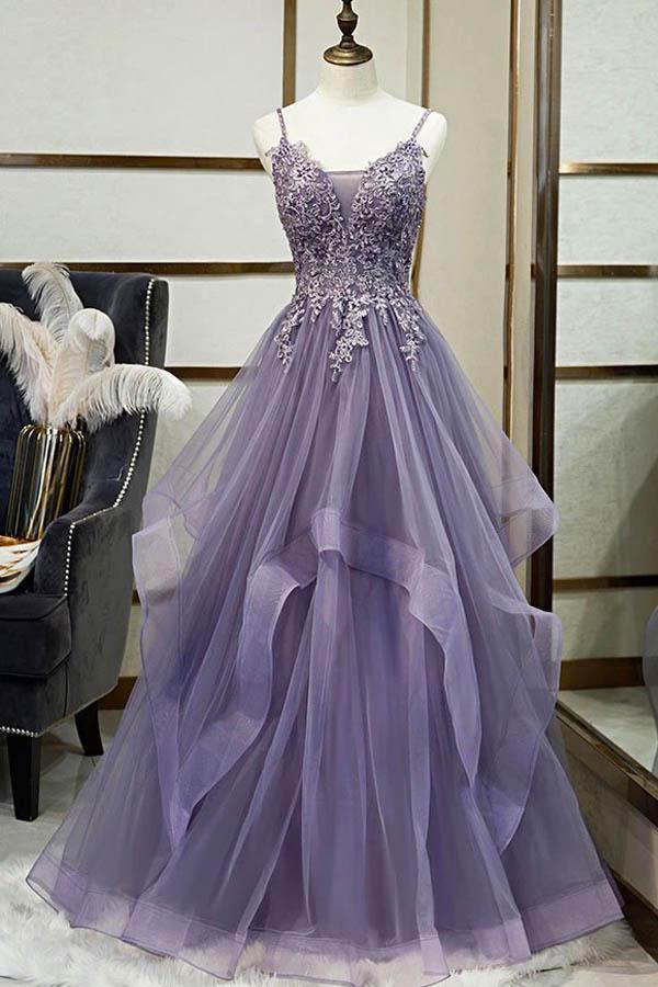 Purple Tulle A-line V-neck Spaghetti Straps Prom Dress With Lace Appliques, SP618