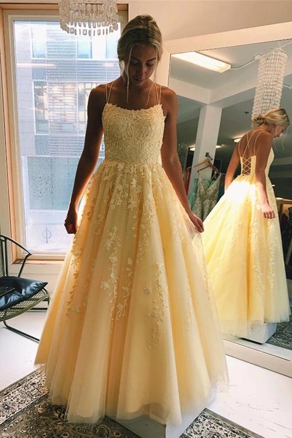 Yellow Tulle A line V Neck Spaghetti Straps Long Prom Dresses with Appliques SP531