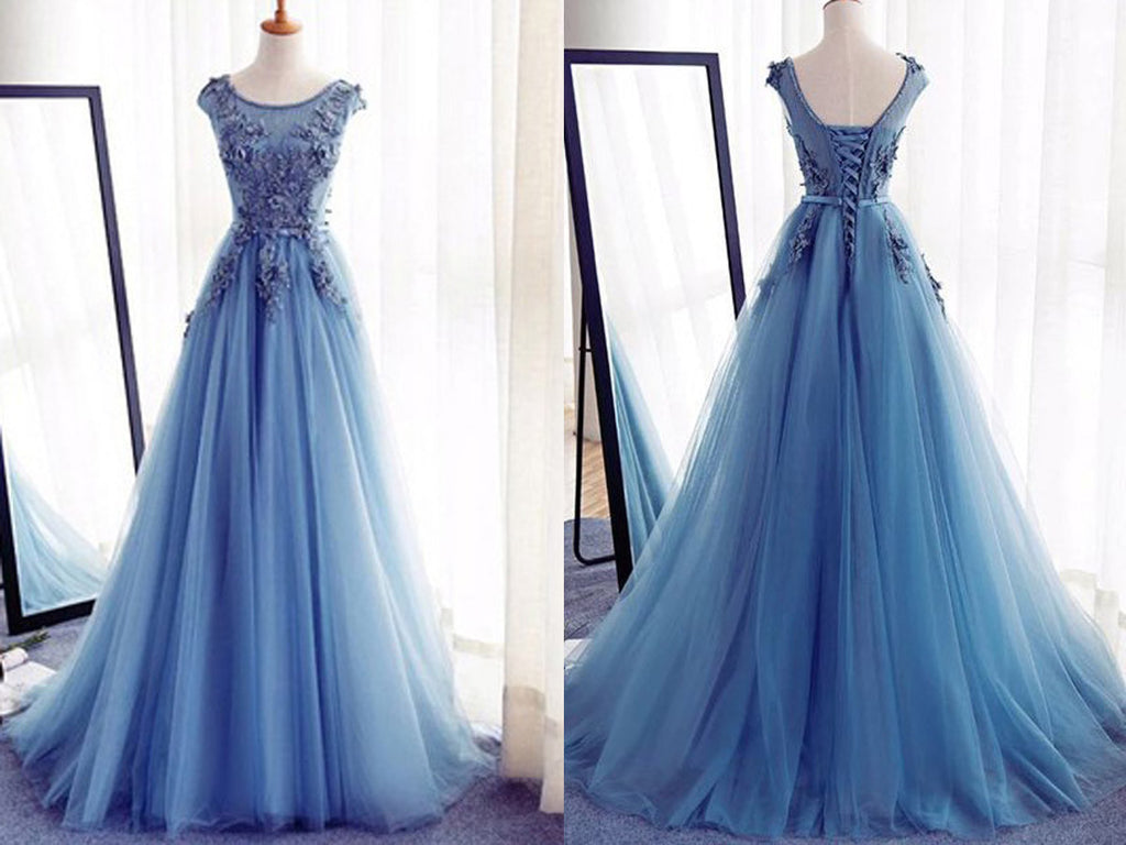 A-Line Tulle Sleeveless Appliques Long Prom Dresses,Cheap Evening Dresses, M38