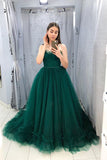 Dark Green Tulle A Line Spaghetti Straps Long Prom Dresses, Evening Gowns, SP671
