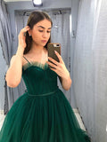 Dark Green Tulle A Line Spaghetti Straps Long Prom Dresses, Evening Gowns, SP671 | long prom dresses | evening dresses | formal dresses | prom gowns | plus size prom dresses | cheap prom dresses | www.simidress.com