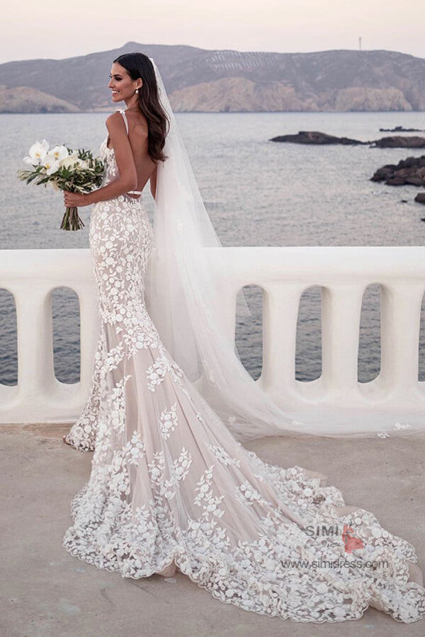 Lace Mermaid V Neck Wedding Dress With Court Train, SW406 | Simidress Lace Mermaid V Neck Wedding Dress With Court Train, SW406 | Simidress