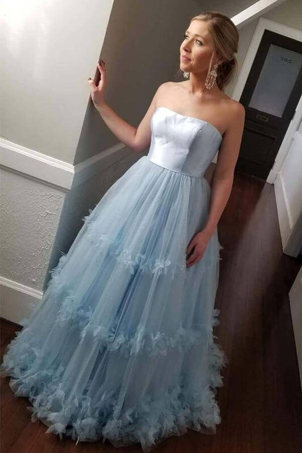 Light Blue Ball Gown Off Shoulder Strapless Long Prom Dresses, Evening Dress, SP674 | light blue prom dresses | tulle prom dresses | cheap prom dresses | evening dresses | formal dresses | party dresses | Simidress.com