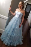 Light Blue Ball Gown Off Shoulder Strapless Long Prom Dresses, Evening Dress, SP674