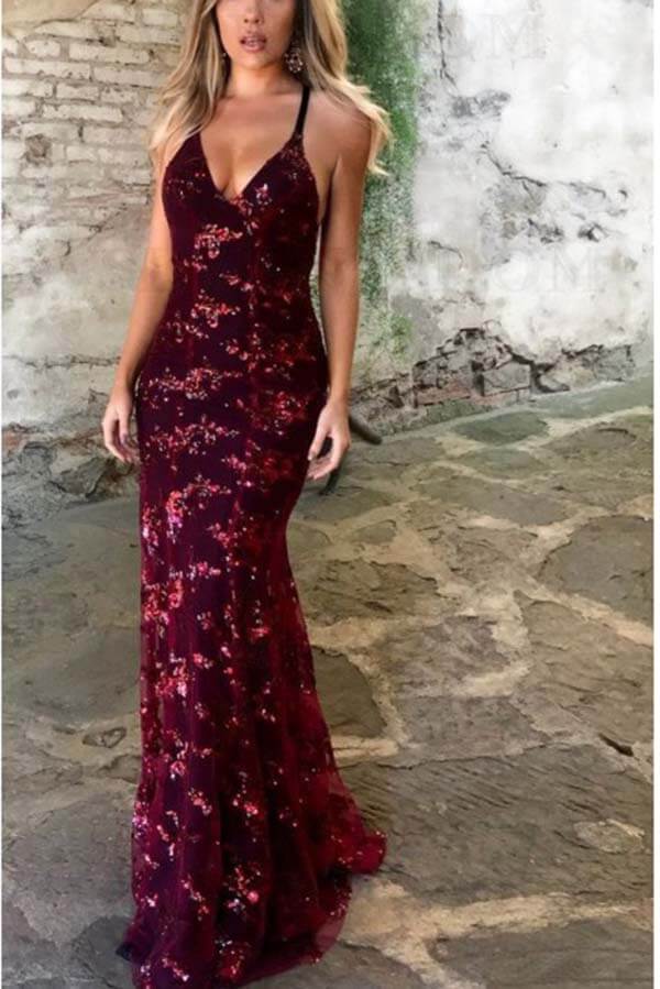Affordable Tulle Lace Sexy V-neck Mermaid Long Prom Dresses, M109 | burgundy prom dresses | mermaid prom dresses | cheap prom dresses | long prom dresses | www.simidress.com