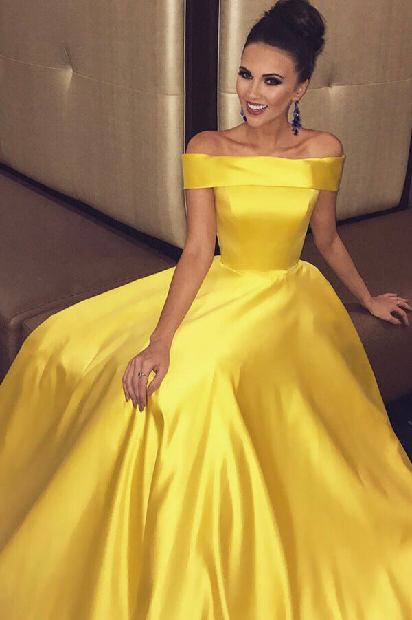 Simple Yellow A-line Off-the-shoulder Long Prom Dresses, Evening Dresses, SP681 | yellow prom dresses | simple prom dresses | satin prom dresses | www.simidress.com