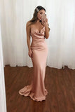 Simple Blush Mermaid Open Back V Neck Spaghetti Straps Long Prom Dresses, SP579