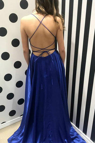 www.simidress.com supply Simple Blue Spaghetti Straps Long Prom Dresses Evening Dress with Thigh Slit, M306 at affordable price
